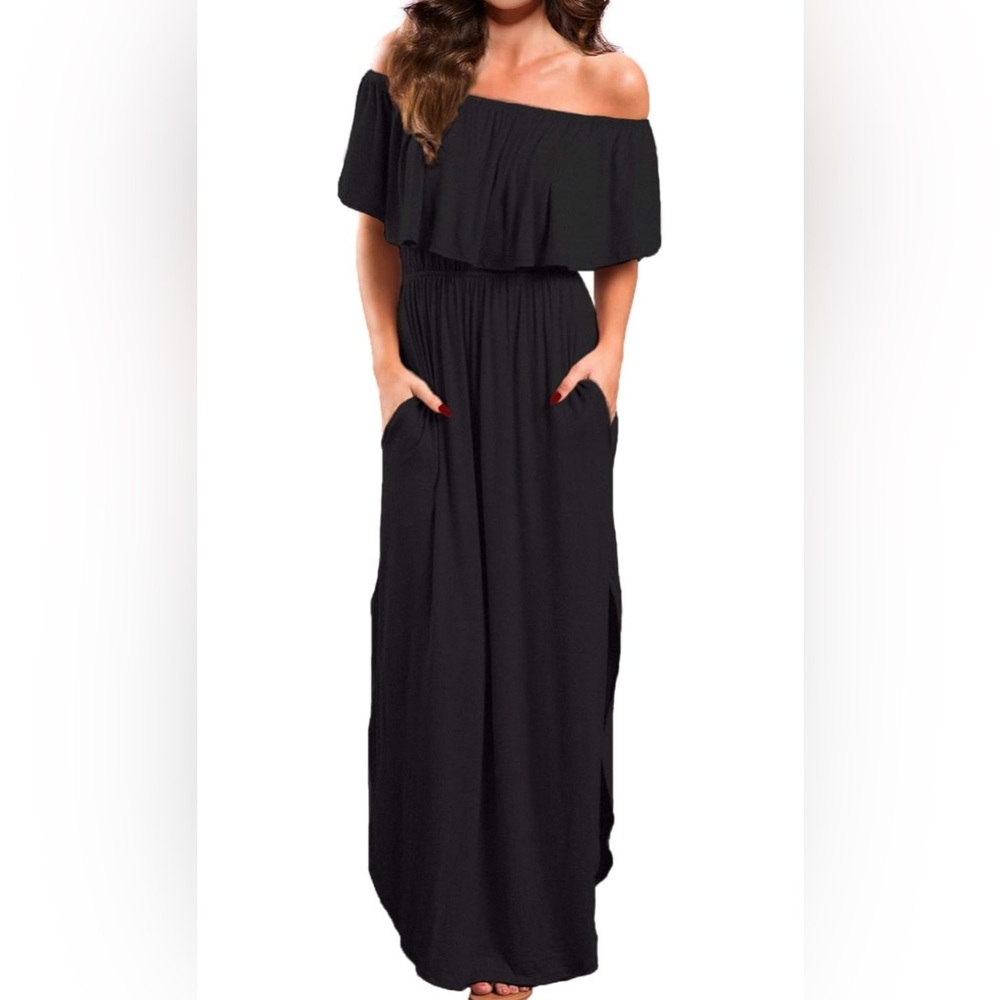 Women's Off Shoulder Summer Casual Long Ruffle Beach Maxi Dress with Pockets - Picture 2 of 2